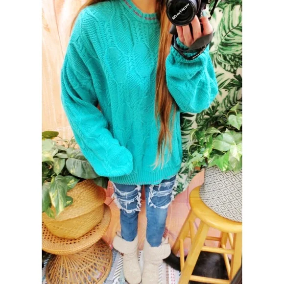 Vintage teal blue textured beachy oversized sweater 🌊 - Picture 2 of 7